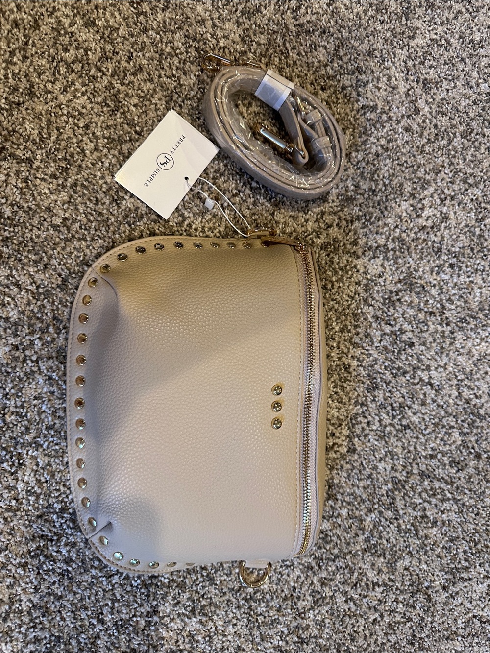 Pebbled Taupe Crossbody Bag with Gold Stud Detailing